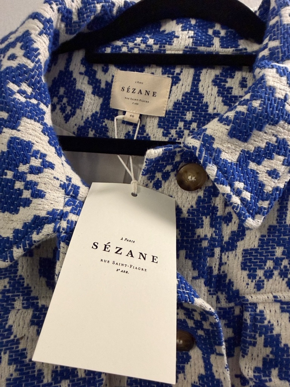 Sezane Blue & White Patterned Cropped Jacket - Picture 2 of 3